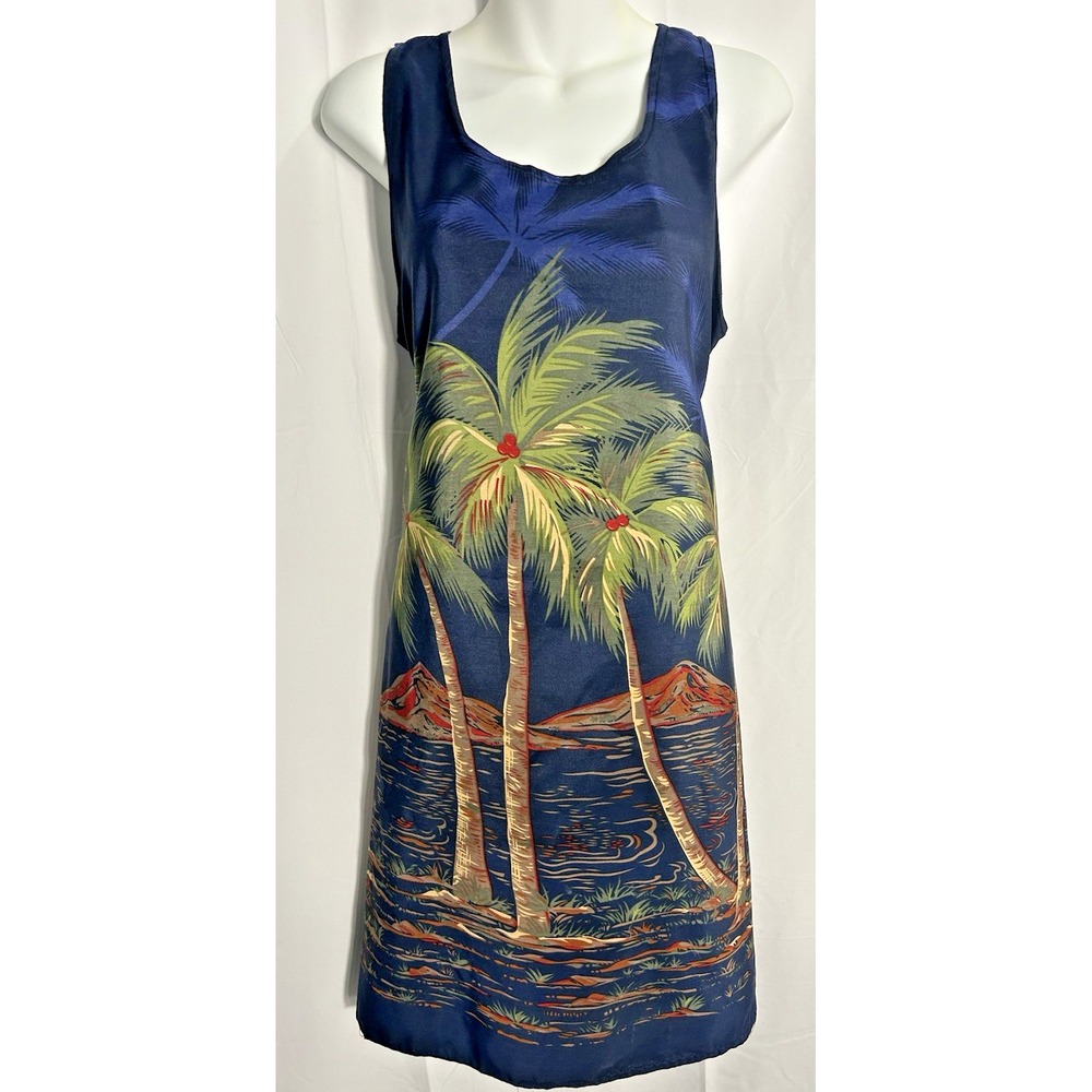 Looking Good Vintage Hawaiian Dress Palm Trees Blue Sleeveless Tropical - Large‎
